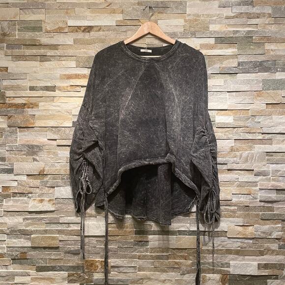 j.HER L Distressed Cotton Top | Drawstring Hem Ruched Sleeves Charcoal Gray, New - Picture 1 of 6